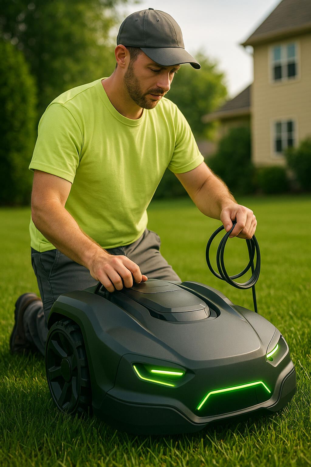 Romow technician guiding mower during setup in Maplewood, MN