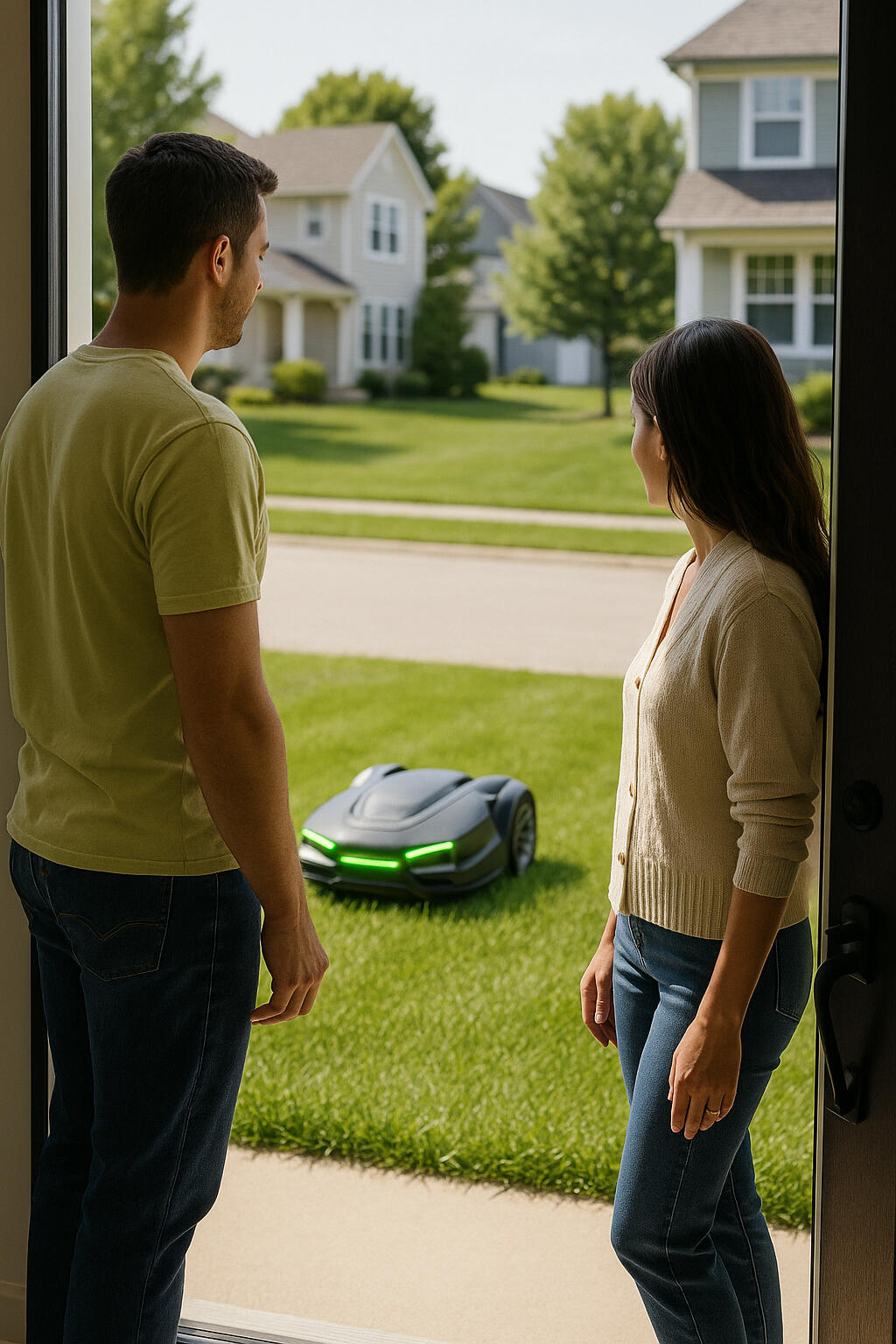 Maplewood, MN, homeowners watching robot mower from front door